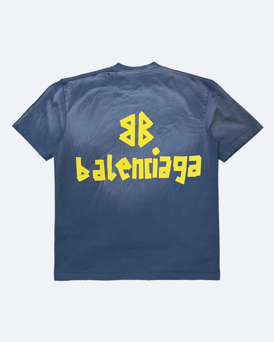 Balenciaga - Yellow Tape Distressed T-Shirt - Washed Blue