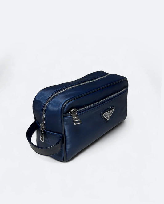 Prada - Logo Plate Hand Pouch Bag - Blue