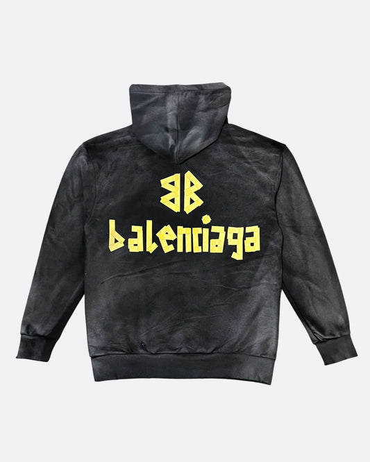 Balenciaga - Yellow Tape Distressed Hoodie - Washed Black