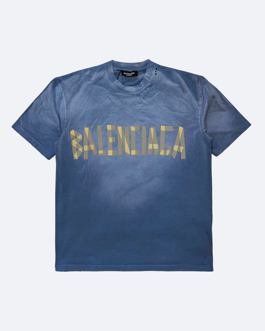 Balenciaga - Yellow Tape Distressed T-Shirt - Washed Blue