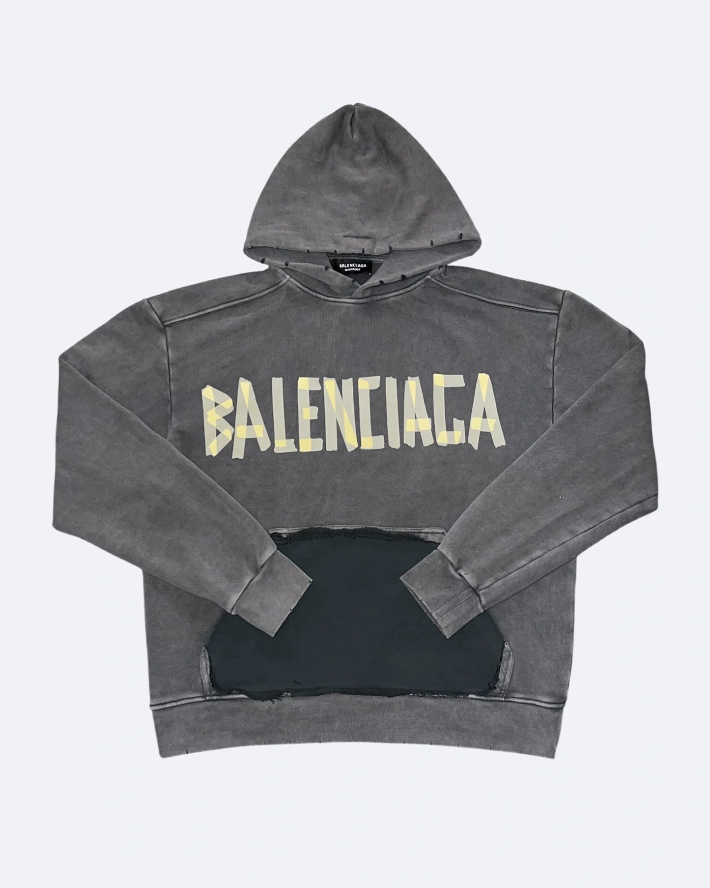 Balenciaga - Yellow Tape Distressed Hoodie - Washed Gray