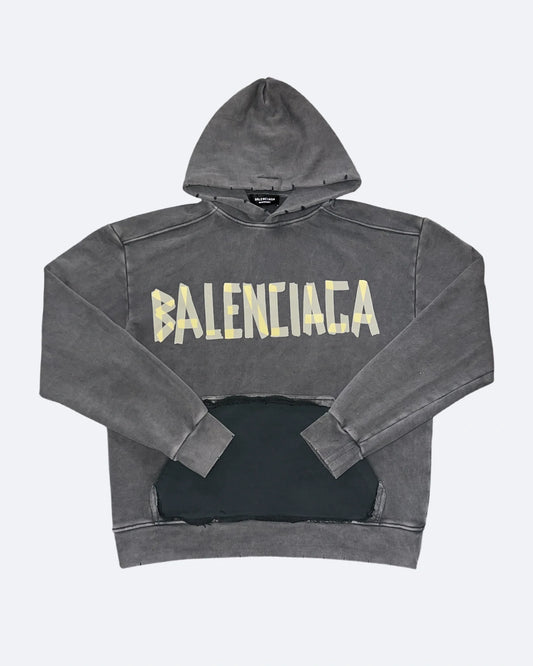 Balenciaga - Yellow Tape Distressed Hoodie - Washed Gray