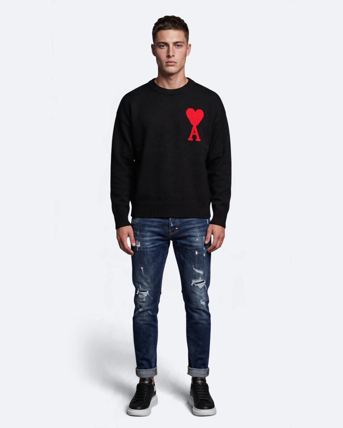 AMI - Heart Logo Knit Sweater - Black